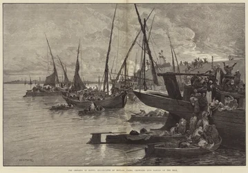 Die Cholera in Ägypten, Einwohner von Boulak, Kairo, drängen sich in Boote auf dem Nil